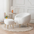 Poltrona a botte singola in velluto Teddy bianco con pouf