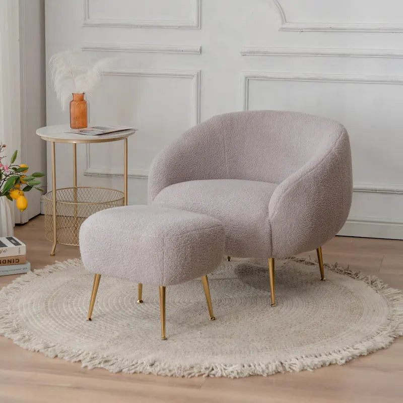 Poltrona a botte singola in velluto Teddy bianco con pouf