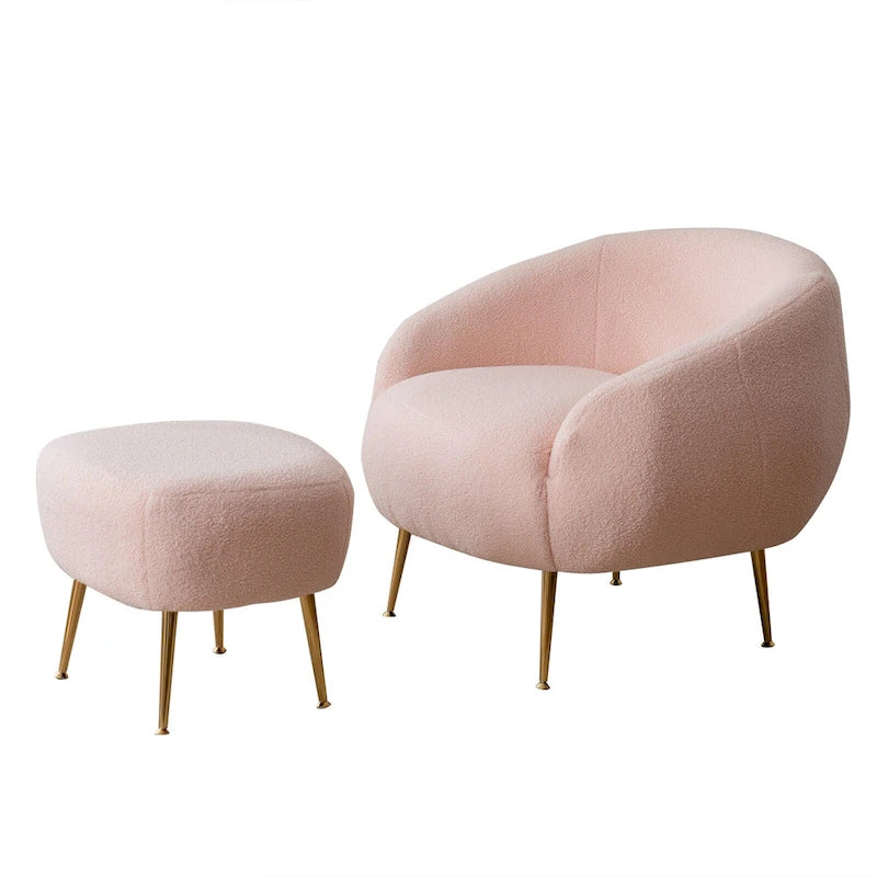 Poltrona a botte singola in velluto Teddy bianco con pouf