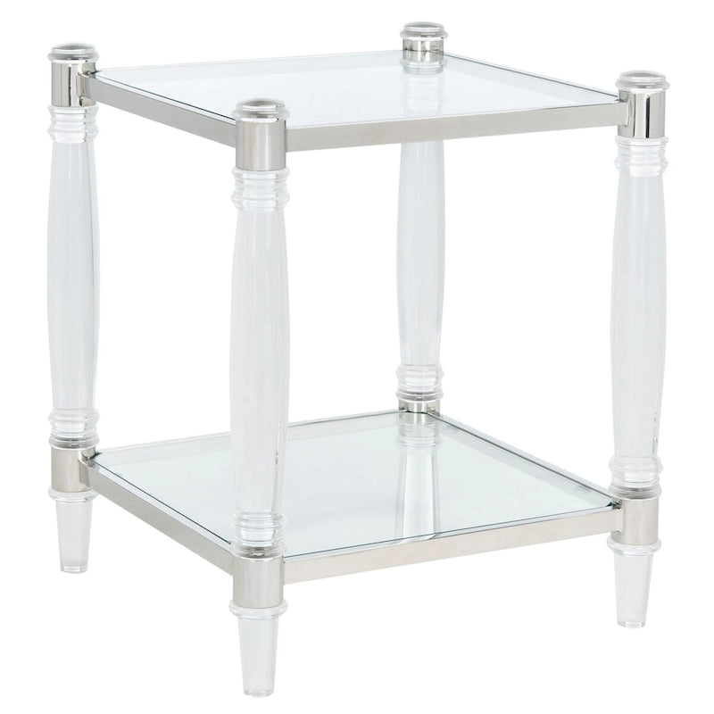 Tavolino d'appoggio con gambe in acrilico e piano in vetro, Ottone/Argento – 50,8 cm L x 50,8 cm P x 61 cm H