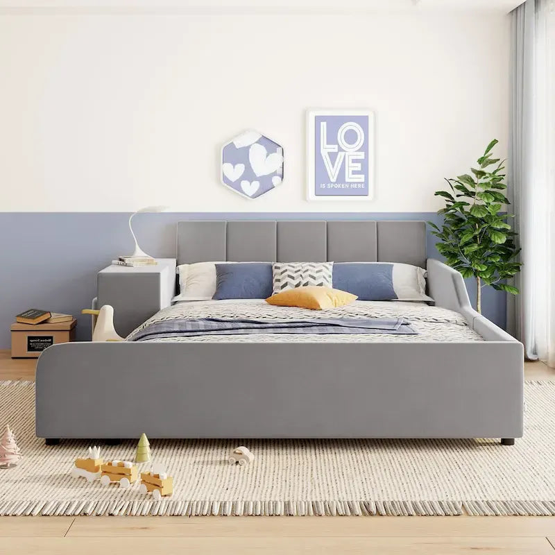 Letto imbottito con piattaforma in velluto rosa / beige / grigio con scrivania e sgabello, matrimoniale / queen, 2 persone