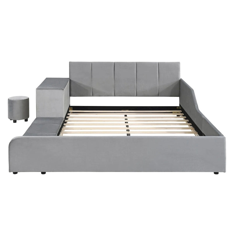 Letto imbottito con piattaforma in velluto rosa / beige / grigio con scrivania e sgabello, matrimoniale / queen, 2 persone
