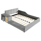 Letto imbottito con piattaforma in velluto rosa / beige / grigio con scrivania e sgabello, matrimoniale / queen, 2 persone