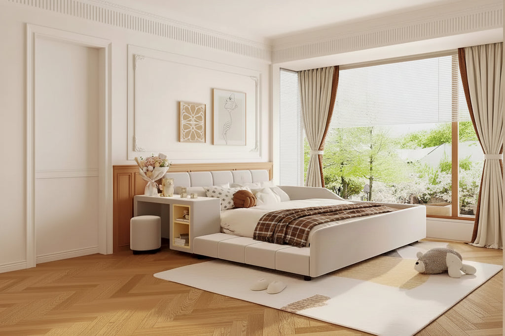 Letto imbottito con piattaforma in velluto rosa / beige / grigio con scrivania e sgabello, matrimoniale / queen, 2 persone