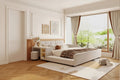 Letto imbottito con piattaforma in velluto rosa / beige / grigio con scrivania e sgabello, matrimoniale / queen, 2 persone