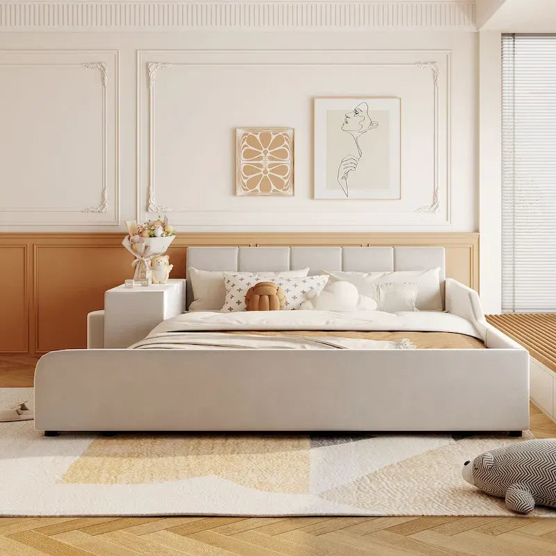 Letto imbottito con piattaforma in velluto rosa / beige / grigio con scrivania e sgabello, matrimoniale / queen, 2 persone