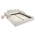 Letto imbottito con piattaforma in velluto rosa / beige / grigio con scrivania e sgabello, matrimoniale / queen, 2 persone