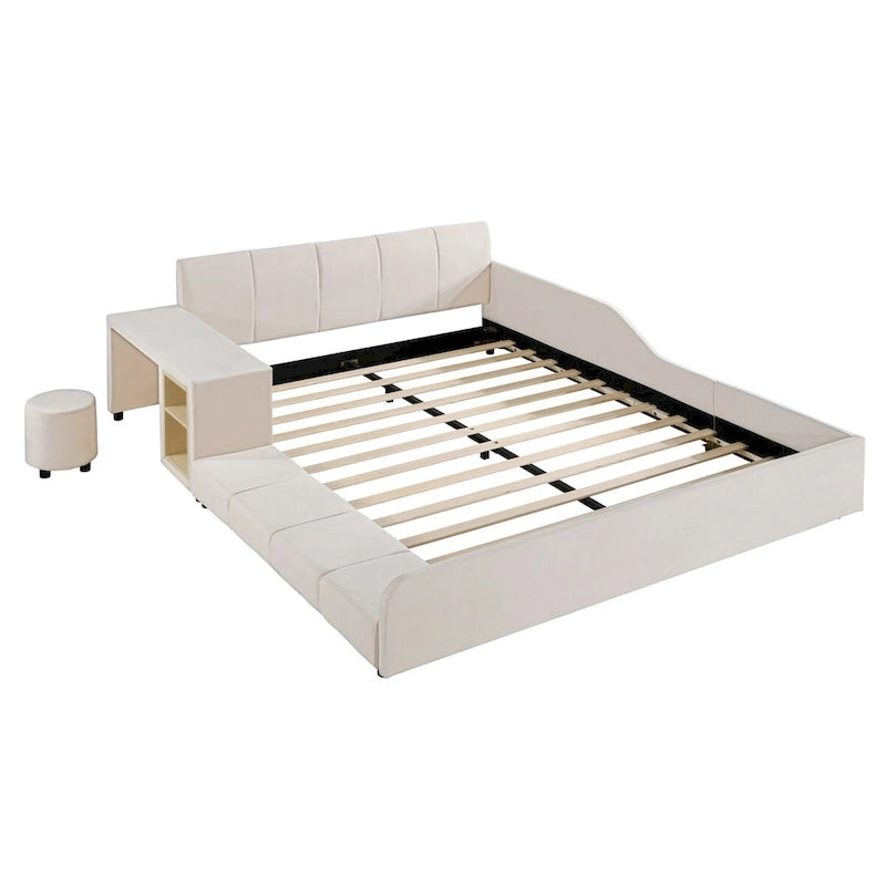 Letto imbottito con piattaforma in velluto rosa / beige / grigio con scrivania e sgabello, matrimoniale / queen, 2 persone