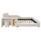 Letto imbottito con piattaforma in velluto rosa / beige / grigio con scrivania e sgabello, matrimoniale / queen, 2 persone