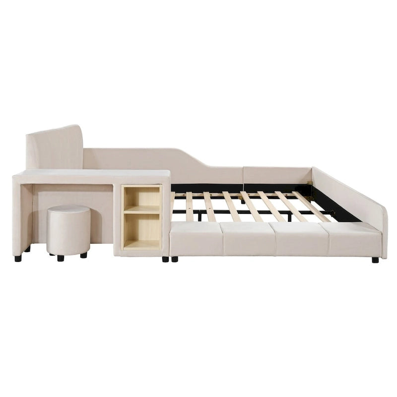 Letto imbottito con piattaforma in velluto rosa / beige / grigio con scrivania e sgabello, matrimoniale / queen, 2 persone