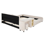 Letto imbottito con piattaforma in velluto rosa / beige / grigio con scrivania e sgabello, matrimoniale / queen, 2 persone