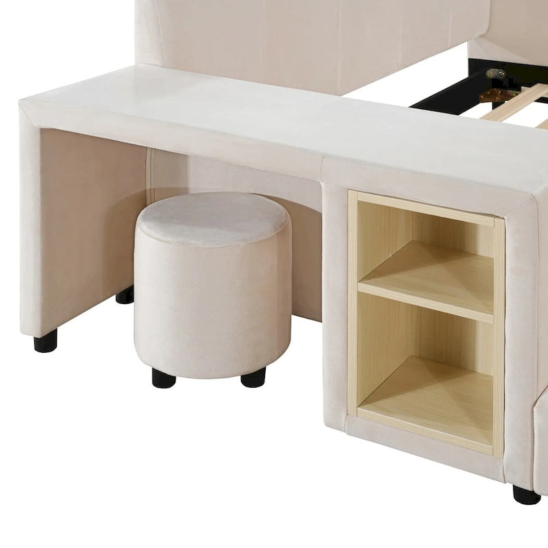 Letto imbottito con piattaforma in velluto rosa / beige / grigio con scrivania e sgabello, matrimoniale / queen, 2 persone