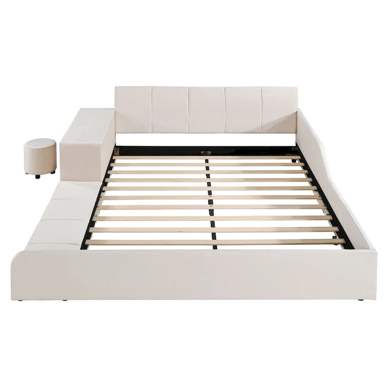 Letto imbottito con piattaforma in velluto rosa / beige / grigio con scrivania e sgabello, matrimoniale / queen, 2 persone