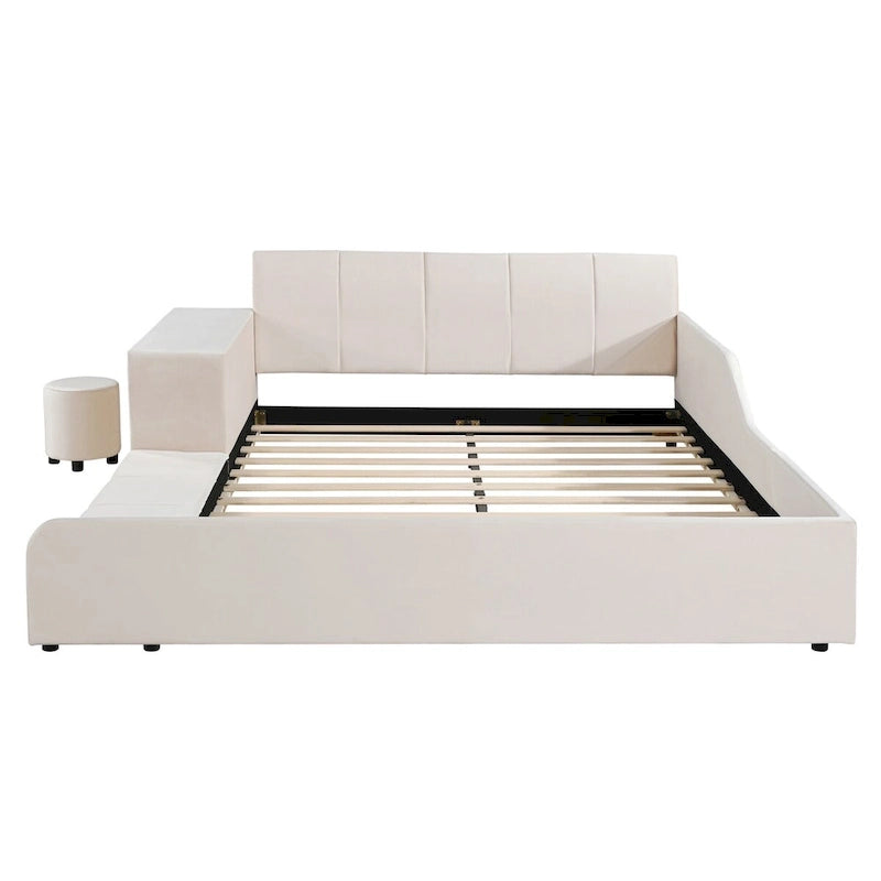 Letto imbottito con piattaforma in velluto rosa / beige / grigio con scrivania e sgabello, matrimoniale / queen, 2 persone