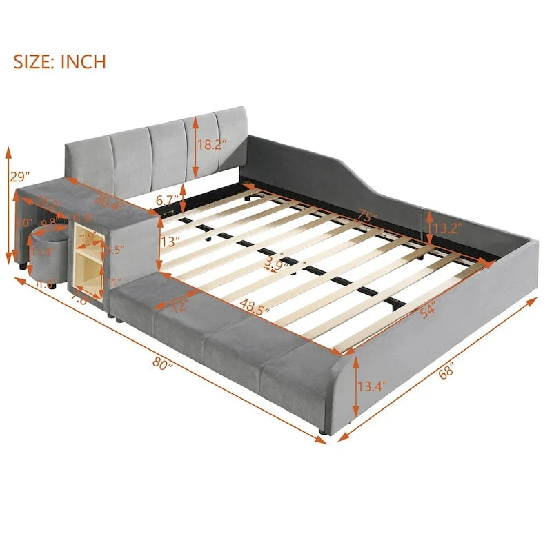 Letto imbottito con piattaforma in velluto rosa / beige / grigio con scrivania e sgabello, matrimoniale / queen, 2 persone
