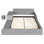 Letto imbottito con piattaforma in velluto rosa / beige / grigio con scrivania e sgabello, matrimoniale / queen, 2 persone