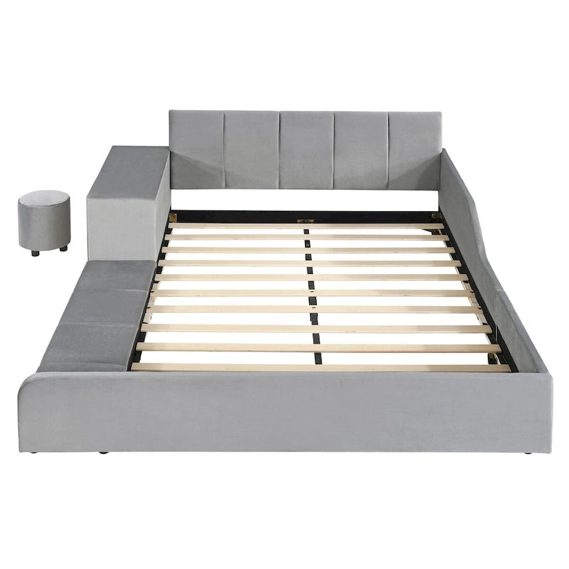 Letto imbottito con piattaforma in velluto rosa / beige / grigio con scrivania e sgabello, matrimoniale / queen, 2 persone