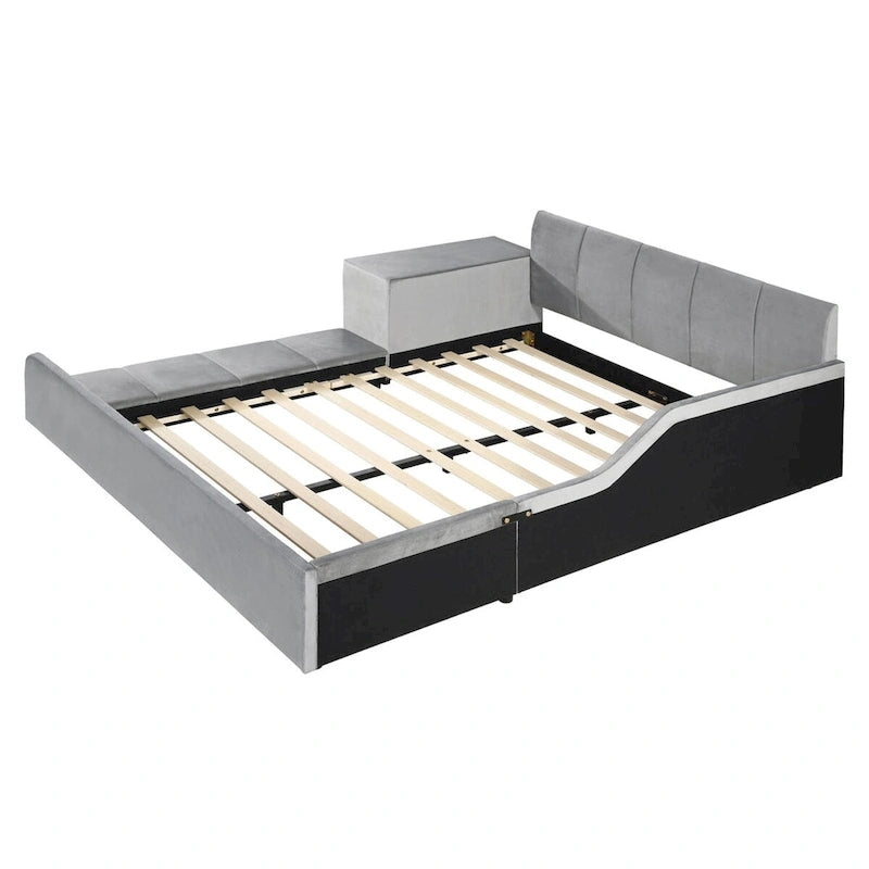 Letto imbottito con piattaforma in velluto rosa / beige / grigio con scrivania e sgabello, matrimoniale / queen, 2 persone