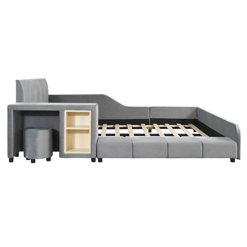 Letto imbottito con piattaforma in velluto rosa / beige / grigio con scrivania e sgabello, matrimoniale / queen, 2 persone
