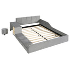Letto imbottito con piattaforma in velluto rosa / beige / grigio con scrivania e sgabello, matrimoniale / queen, 2 persone