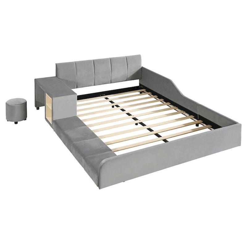 Letto imbottito con piattaforma in velluto rosa / beige / grigio con scrivania e sgabello, matrimoniale / queen, 2 persone