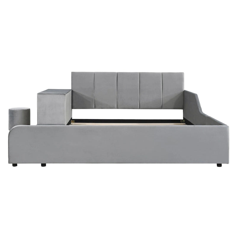 Letto imbottito con piattaforma in velluto rosa / beige / grigio con scrivania e sgabello, matrimoniale / queen, 2 persone