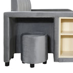 Letto imbottito con piattaforma in velluto rosa / beige / grigio con scrivania e sgabello, matrimoniale / queen, 2 persone