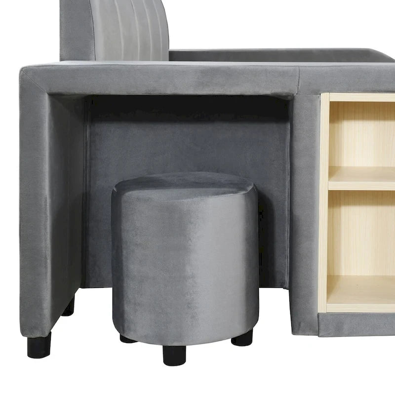 Letto imbottito con piattaforma in velluto rosa / beige / grigio con scrivania e sgabello, matrimoniale / queen, 2 persone
