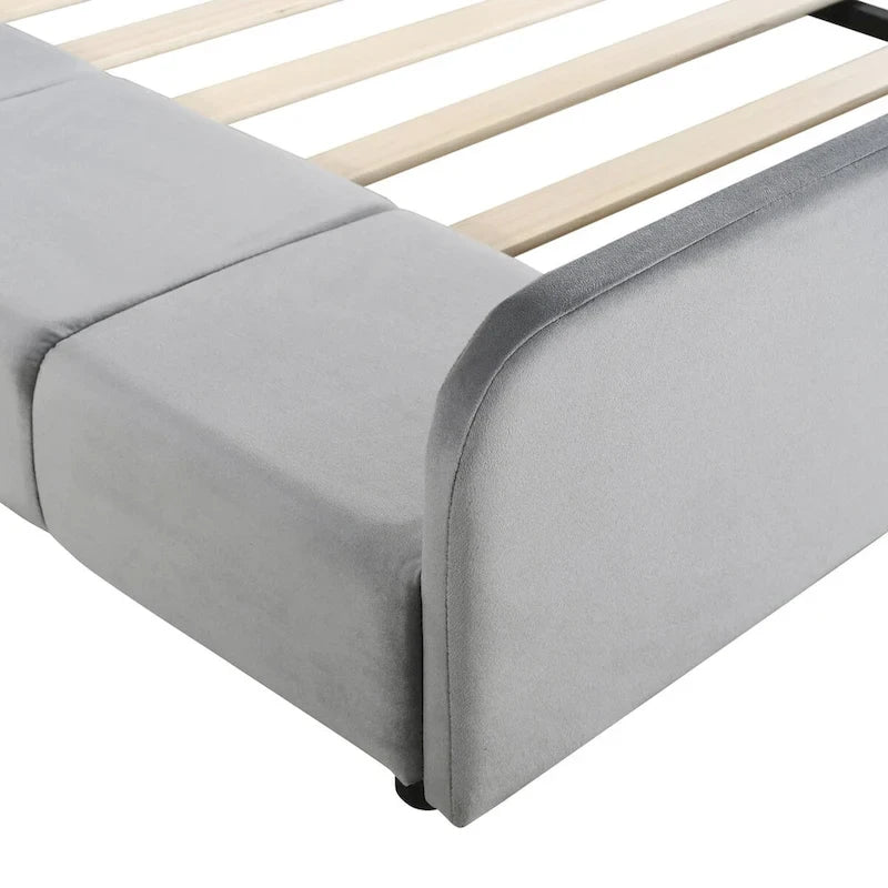 Letto imbottito con piattaforma in velluto rosa / beige / grigio con scrivania e sgabello, matrimoniale / queen, 2 persone