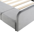 Letto imbottito con piattaforma in velluto rosa / beige / grigio con scrivania e sgabello, matrimoniale / queen, 2 persone