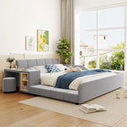 Letto imbottito con piattaforma in velluto rosa / beige / grigio con scrivania e sgabello, matrimoniale / queen, 2 persone