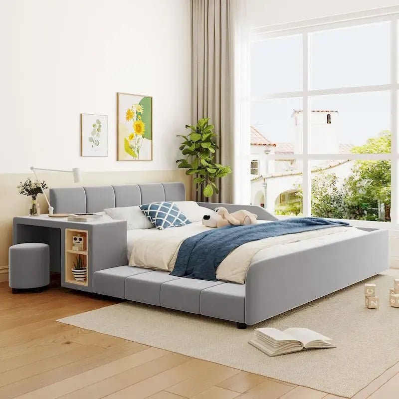 Letto imbottito con piattaforma in velluto rosa / beige / grigio con scrivania e sgabello, matrimoniale / queen, 2 persone
