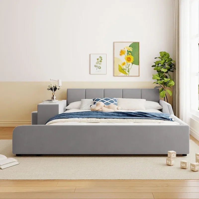 Letto imbottito con piattaforma in velluto rosa / beige / grigio con scrivania e sgabello, matrimoniale / queen, 2 persone