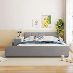 Letto imbottito con piattaforma in velluto rosa / beige / grigio con scrivania e sgabello, matrimoniale / queen, 2 persone