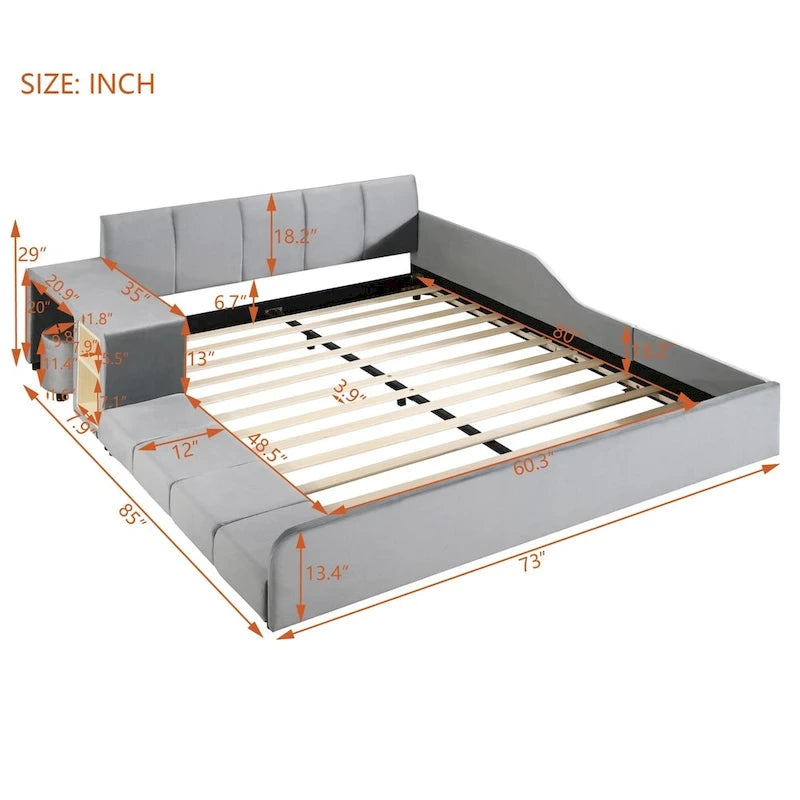 Letto imbottito con piattaforma in velluto rosa / beige / grigio con scrivania e sgabello, matrimoniale / queen, 2 persone