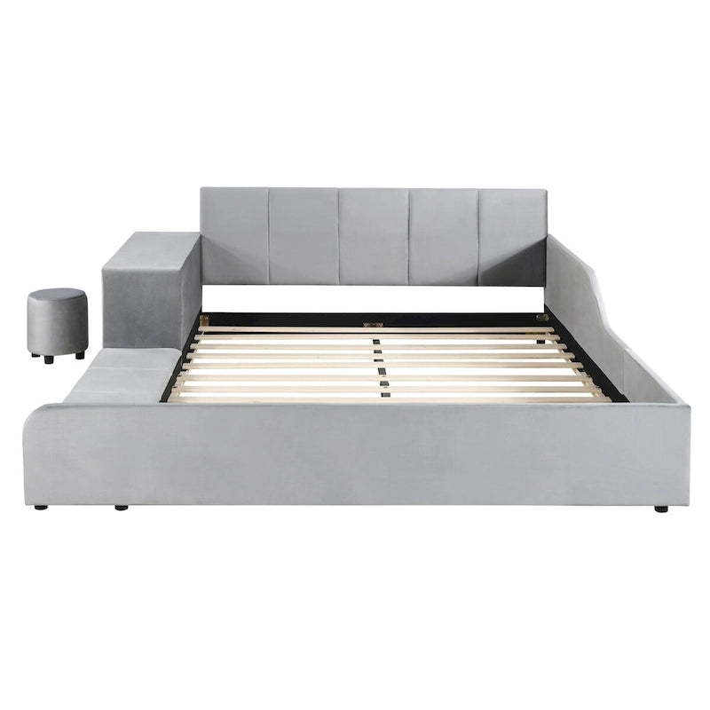 Letto imbottito con piattaforma in velluto rosa / beige / grigio con scrivania e sgabello, matrimoniale / queen, 2 persone