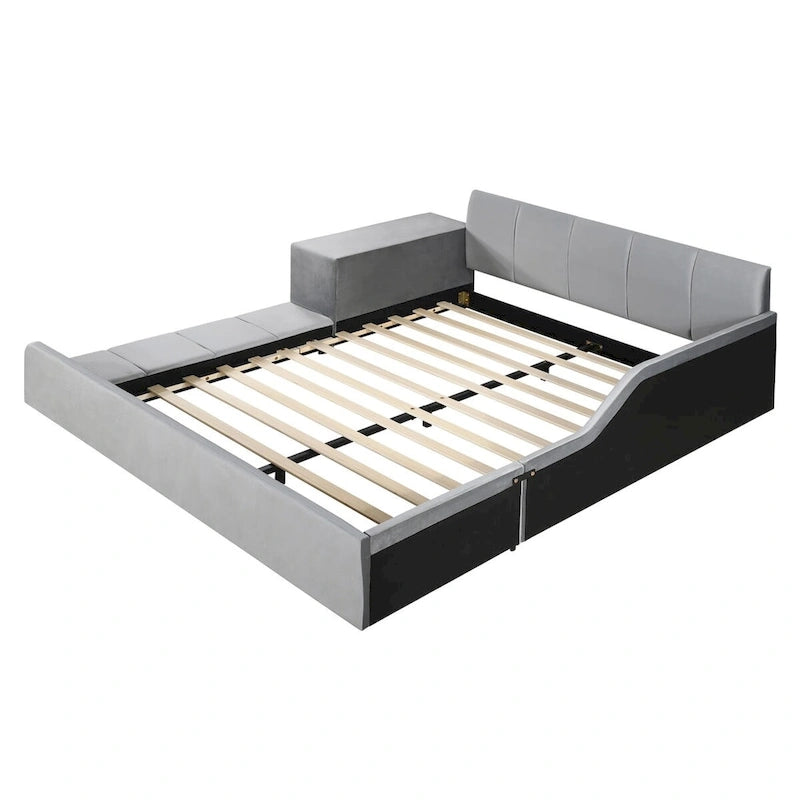 Letto imbottito con piattaforma in velluto rosa / beige / grigio con scrivania e sgabello, matrimoniale / queen, 2 persone