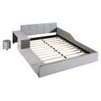 Letto imbottito con piattaforma in velluto rosa / beige / grigio con scrivania e sgabello, matrimoniale / queen, 2 persone