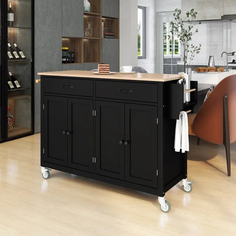 Carrello da cucina nero su rotelle con ruote bloccabili, 2 cassetti e portasciugamani