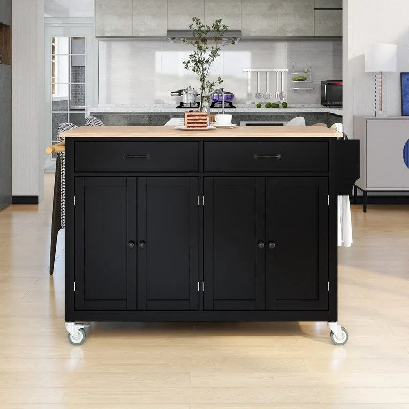 Carrello da cucina nero su rotelle con ruote bloccabili, 2 cassetti e portasciugamani