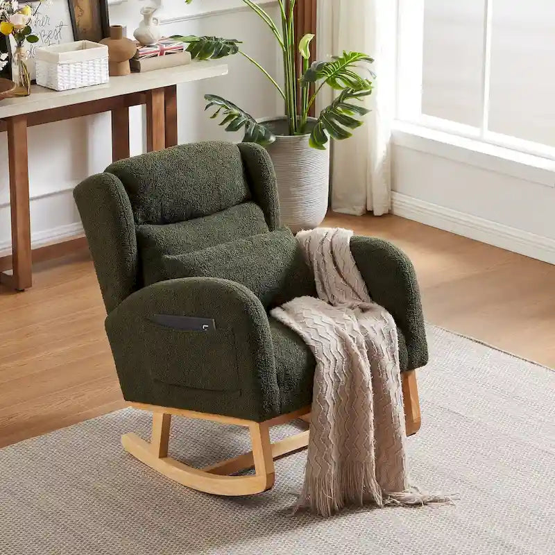 Sedia a dondolo reclinabile con schienale alto e tasche laterali, Grigio/Nero/Rosa/Verde/Avorio, 1 posto