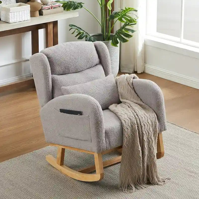 Sedia a dondolo reclinabile con schienale alto e tasche laterali, Grigio/Nero/Rosa/Verde/Avorio, 1 posto