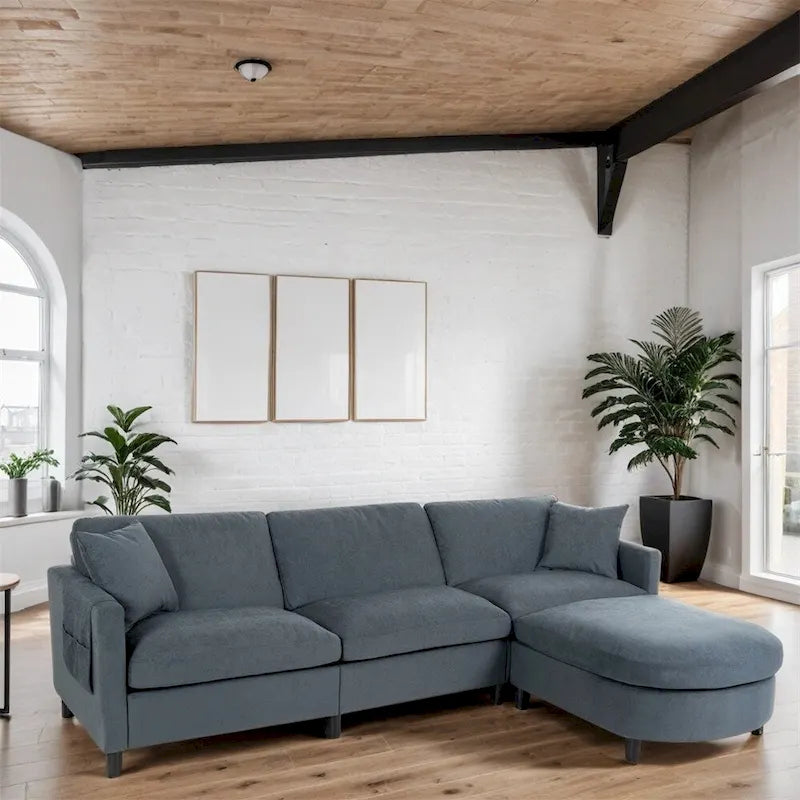 108  Modern Fabric Sectional Sofa with Ottoman and Pillows