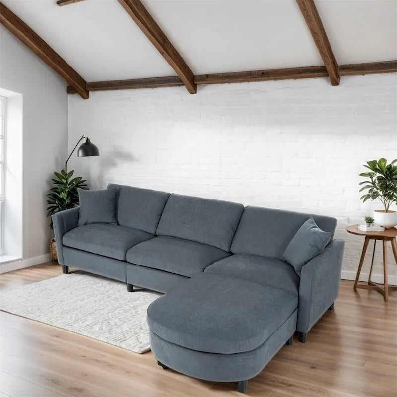 Divano componibile moderno a 3 posti in tessuto beige/grigio scuro con pouf