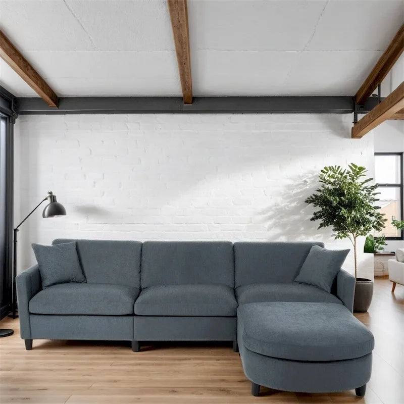 Divano componibile moderno a 3 posti in tessuto beige/grigio scuro con pouf