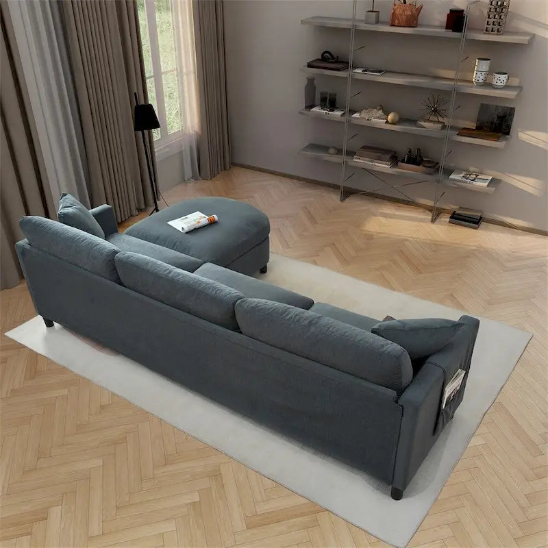 Divano componibile moderno a 3 posti in tessuto beige/grigio scuro con pouf