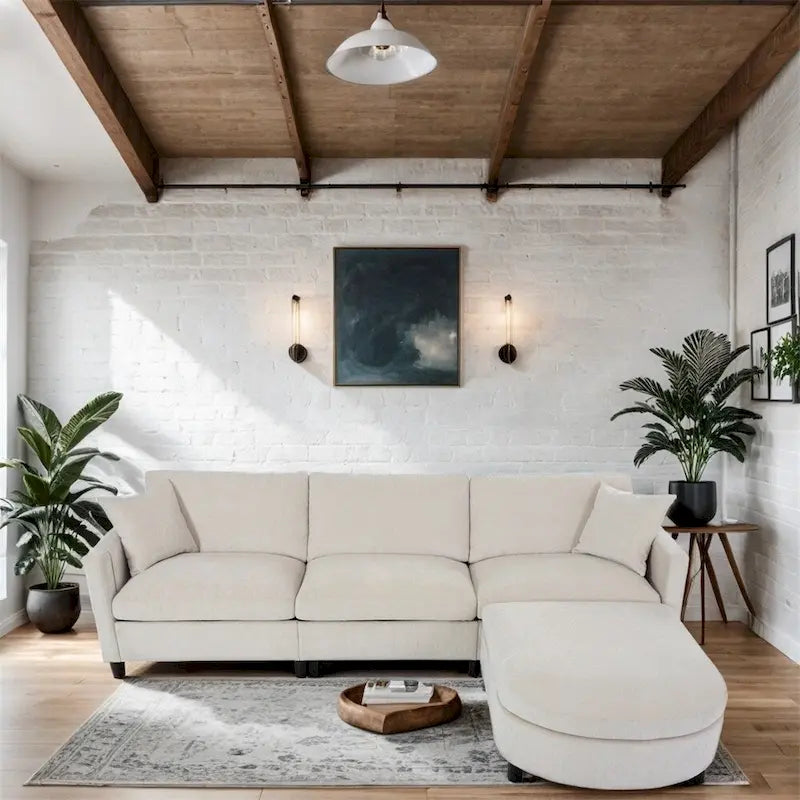 Divano componibile moderno a 3 posti in tessuto beige/grigio scuro con pouf