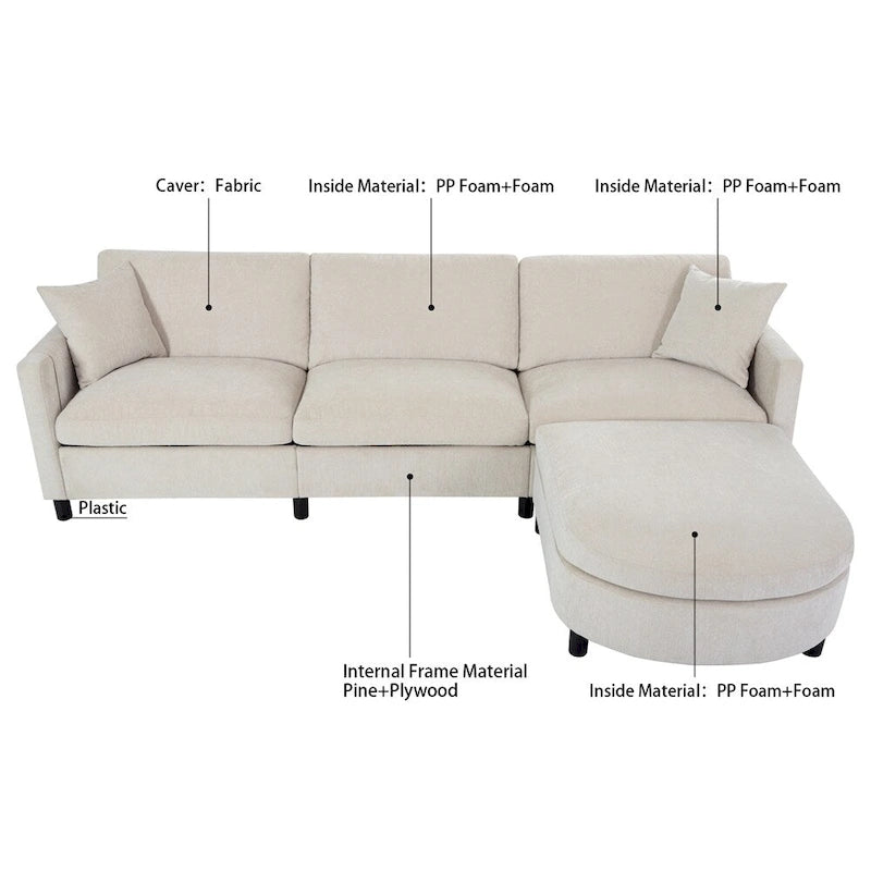 Divano componibile moderno a 3 posti in tessuto beige/grigio scuro con pouf