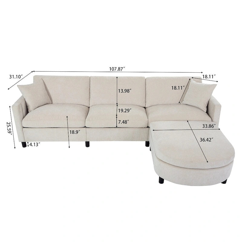 Divano componibile moderno a 3 posti in tessuto beige/grigio scuro con pouf
