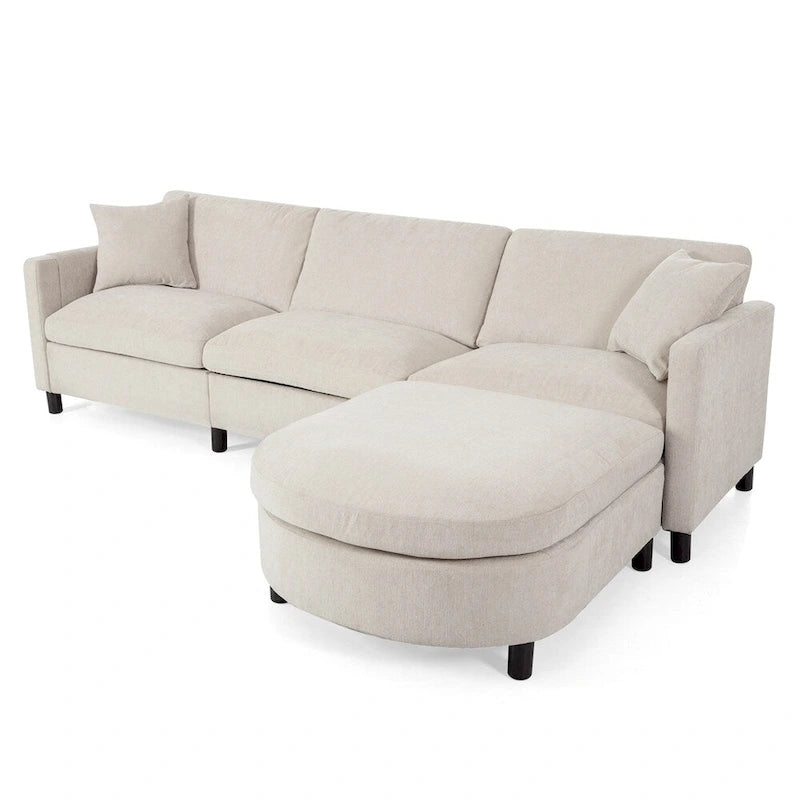 Divano componibile moderno a 3 posti in tessuto beige/grigio scuro con pouf